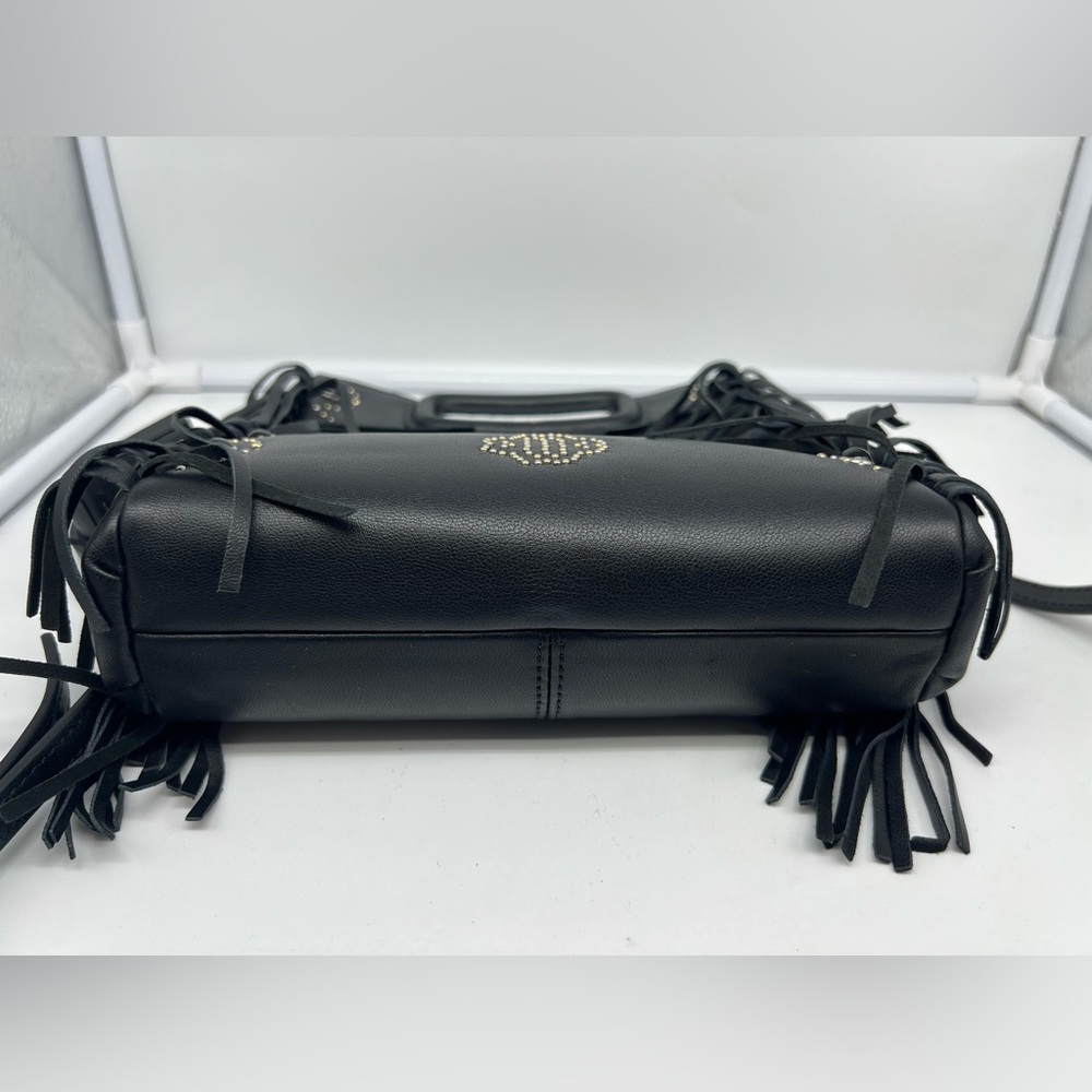 NWT MAJE Sac M Black Studded Leather Embellished Clover Motif Fringe Crossbody - Picture 12 of 13